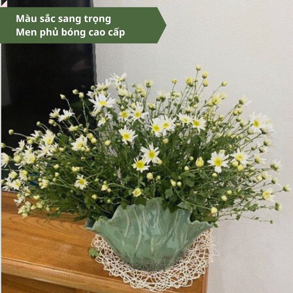 Lọ hoa gốm sứ Bát Tràng - Bình lá sen - Lọ cắm sen, cắm hoa  - Bình hoa gốm decor cao cấp - Tặng kèm miếng định hình