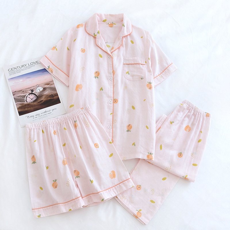 Bộ Đồ Ngủ Pijama 3 Món Bằng Cotton Nguyên Chất Hai Lớp In Họa Tiết Thời Trang Cho Nữ