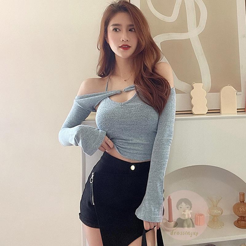 Áo Croptop Tay Dài Cổ Yếm Hở Lưng Có Khóa Cài Cho Nữ