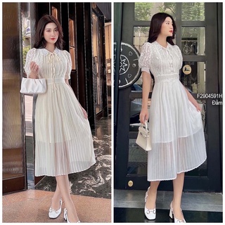 Đầm xòe dập ly pha ren cổ thắt dây nơ có lót tay ngắn!