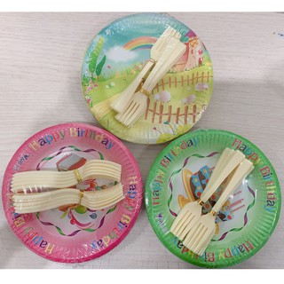 10 Đĩa giấy bánh kem sinh nhật 13cm kèm nĩa - mẫu ngẫu nhiên