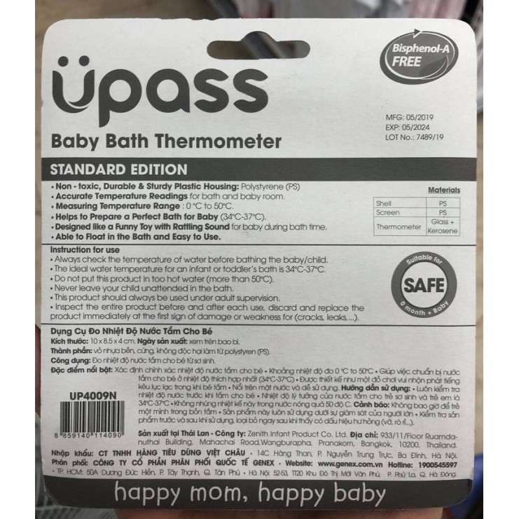 (Made in Thailand) Nhiệt kế đo nhiệt độ nước tắm bé Upass UP4009N