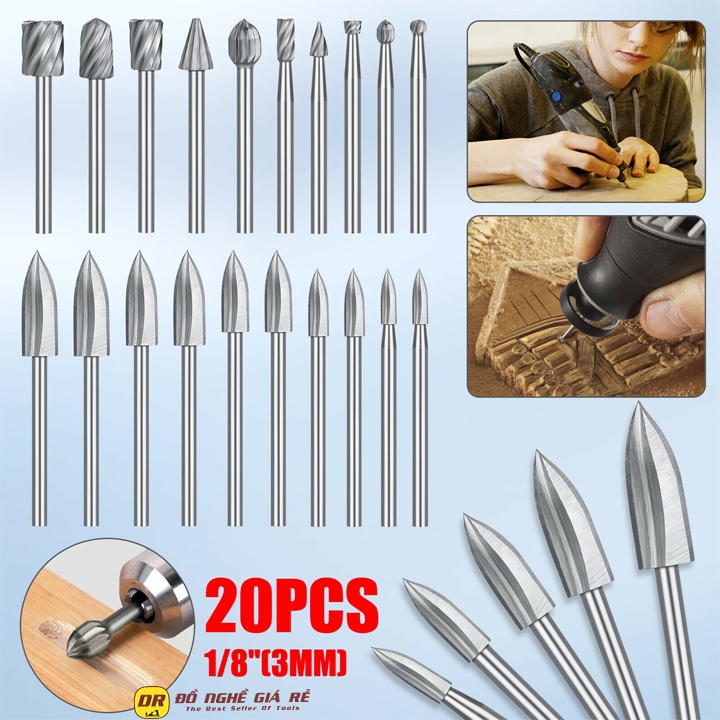 Bộ mũi khoan mài khắc đa năng gắn máy đục gỗ cầm tay dụng cụ điêu khắc làm tranh tượng gỗ mini