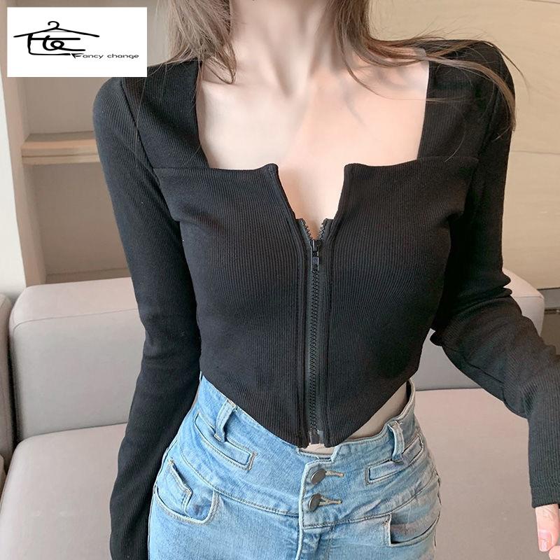 Áo Thun Dài Tay Phối Khóa Kéo Phong Cách Hàn Quốc