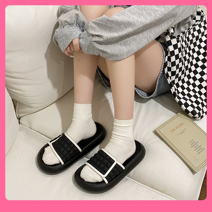 Dép quai ngang Hàn Quốc đi học đi chơi đế độn unisex độc đẹp đen trắng kẻ viền dép đôi nhóm cực chất giá rẻ