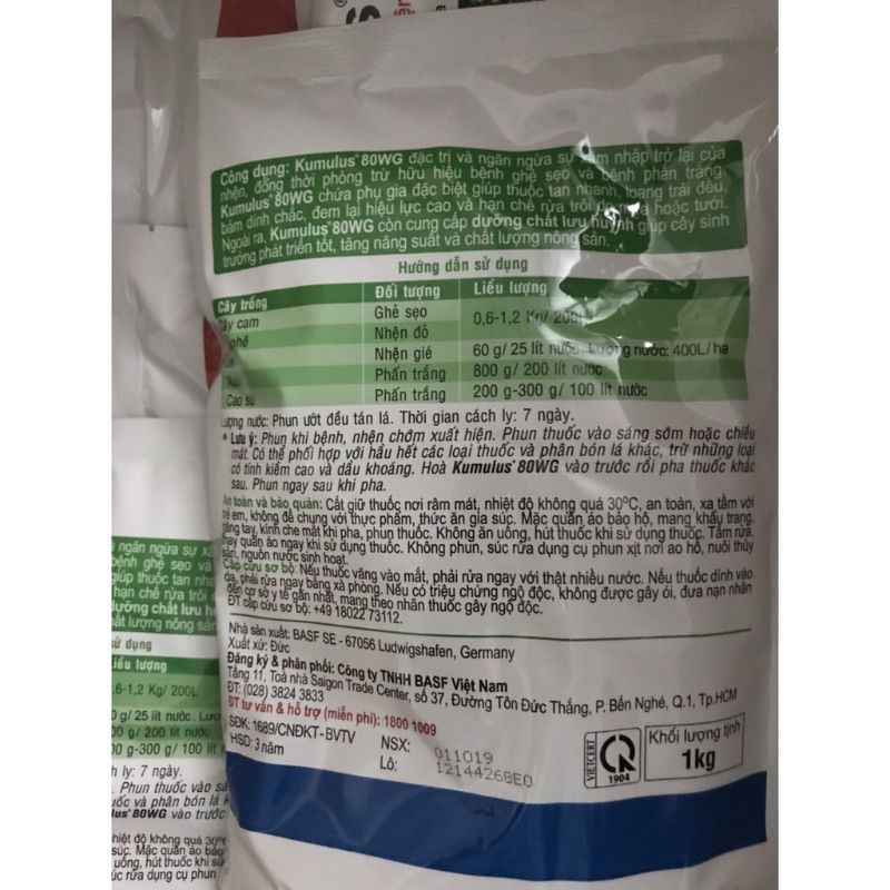 Thuốc trừ bệnh phấn trắng, ghẻ sẹo, nhện đỏ Kumulus 80WG