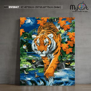 Tranh tô màu theo số DV0847 Tranh sơn dầu số hóa mãnh hổ lội suối