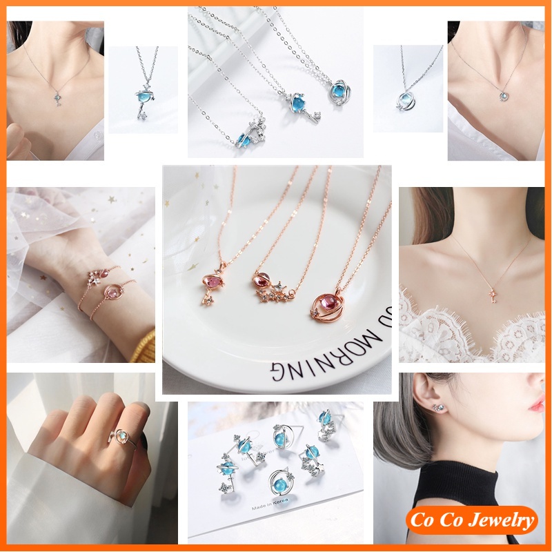 JOJO COCO Bộ Trang Sức Vòng Cổ / Nhẫn / Bông Tai Đính Kim Cương Tinh Tế Phong Cách Hàn Quốc Cho Nữ