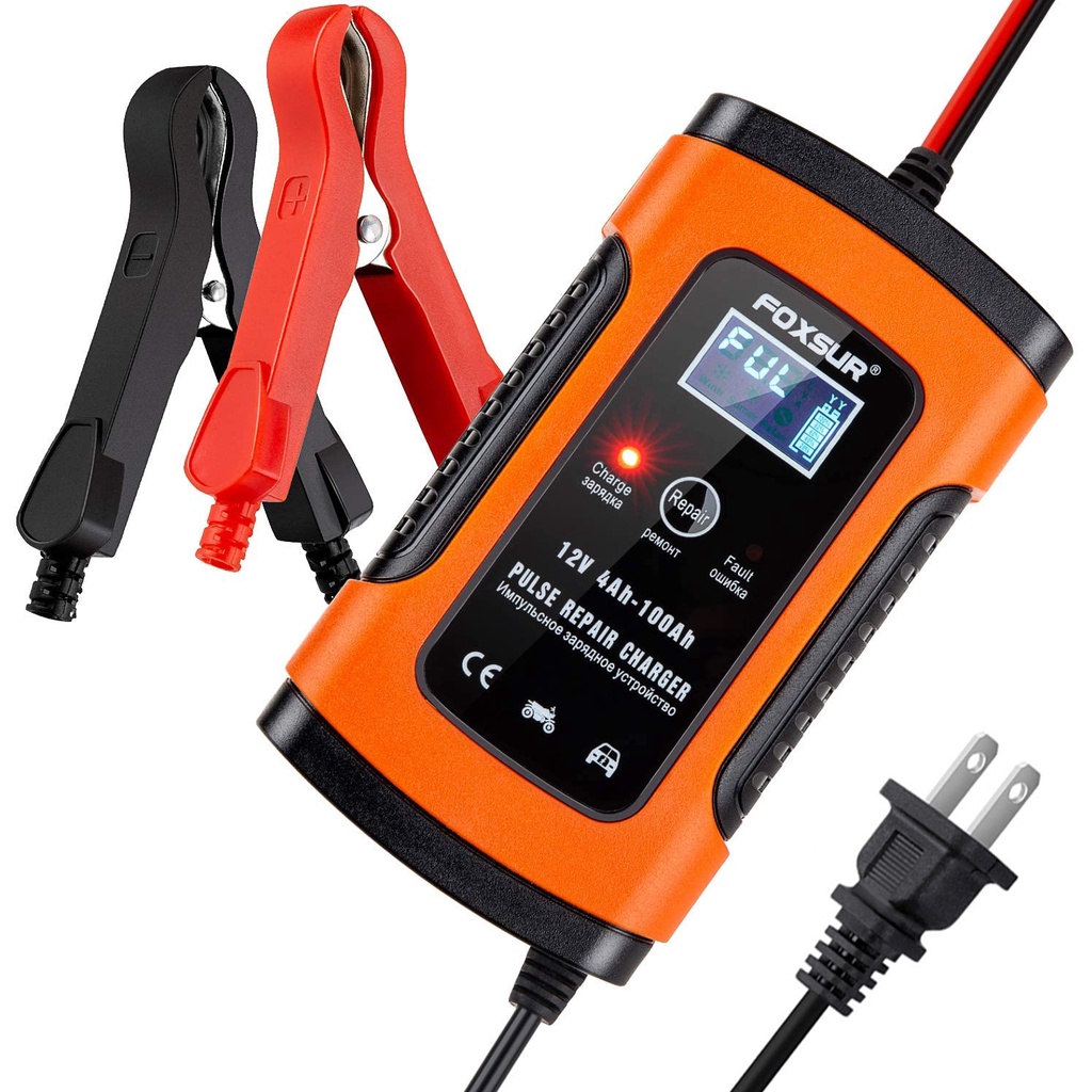 Bộ sạc acquy , máy sạc ắc quy FOXSUR 12V 5A kèm phục hồi bình,sạc bình oto xe máy,chống ngược cực tự ngắt khi đầy