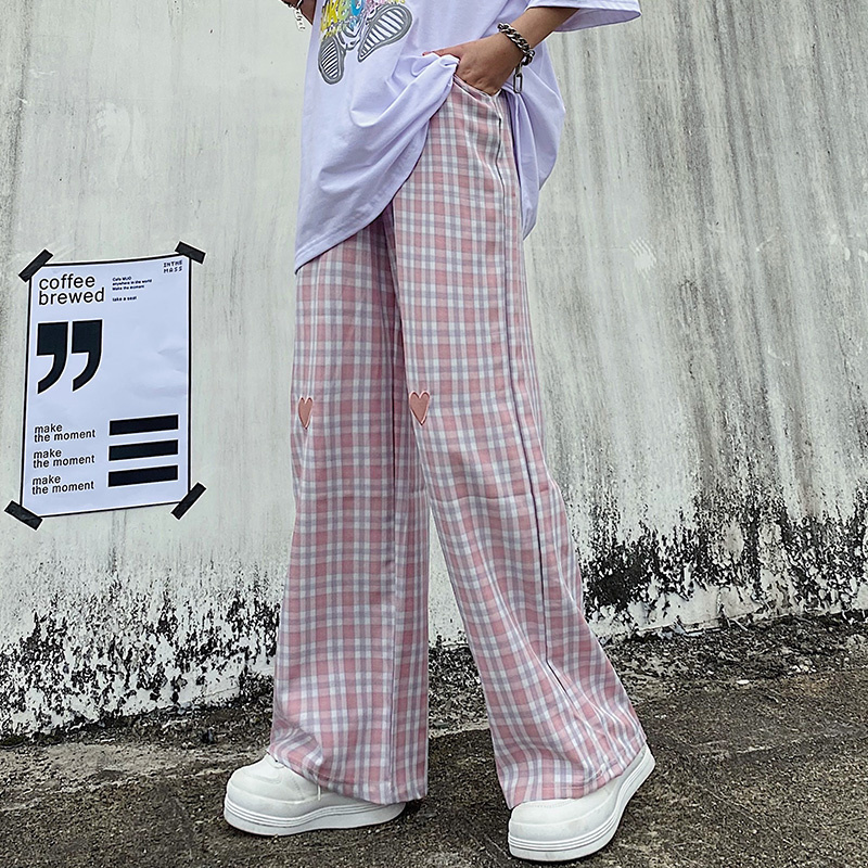 Harajuku style wide leg pants lovers Plaid straight pants men's and women's casual pants