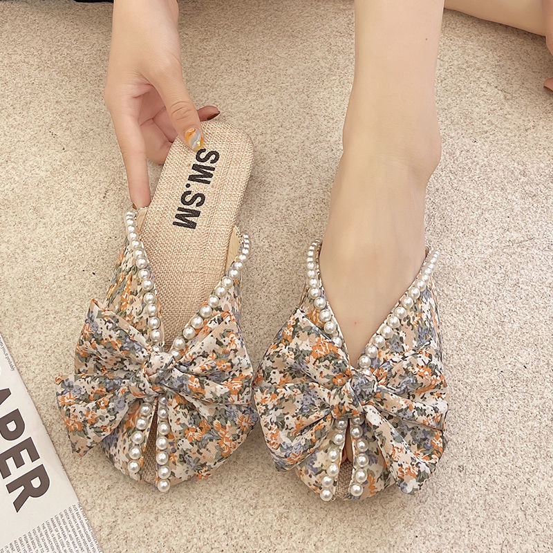 Giày Búp Bê Đế Mềm Đính Nơ Ngọc Trai Thời Trang Mùa Hè Xinh Xắn Cho Nữ