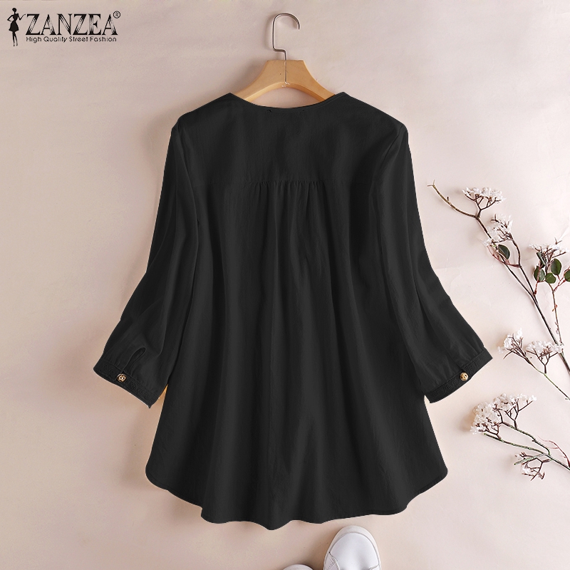 ZANZEA Áo Cotton Lanh Tay 3/4 Thời Trang Nữ Tính