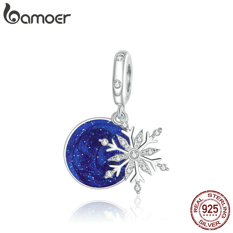 Hạt charm Bamoer BSC367 bằng bạc 925 thật họa tiết bầu trời đêm đầy sao và bông tuyết dùng làm trang sức DIY