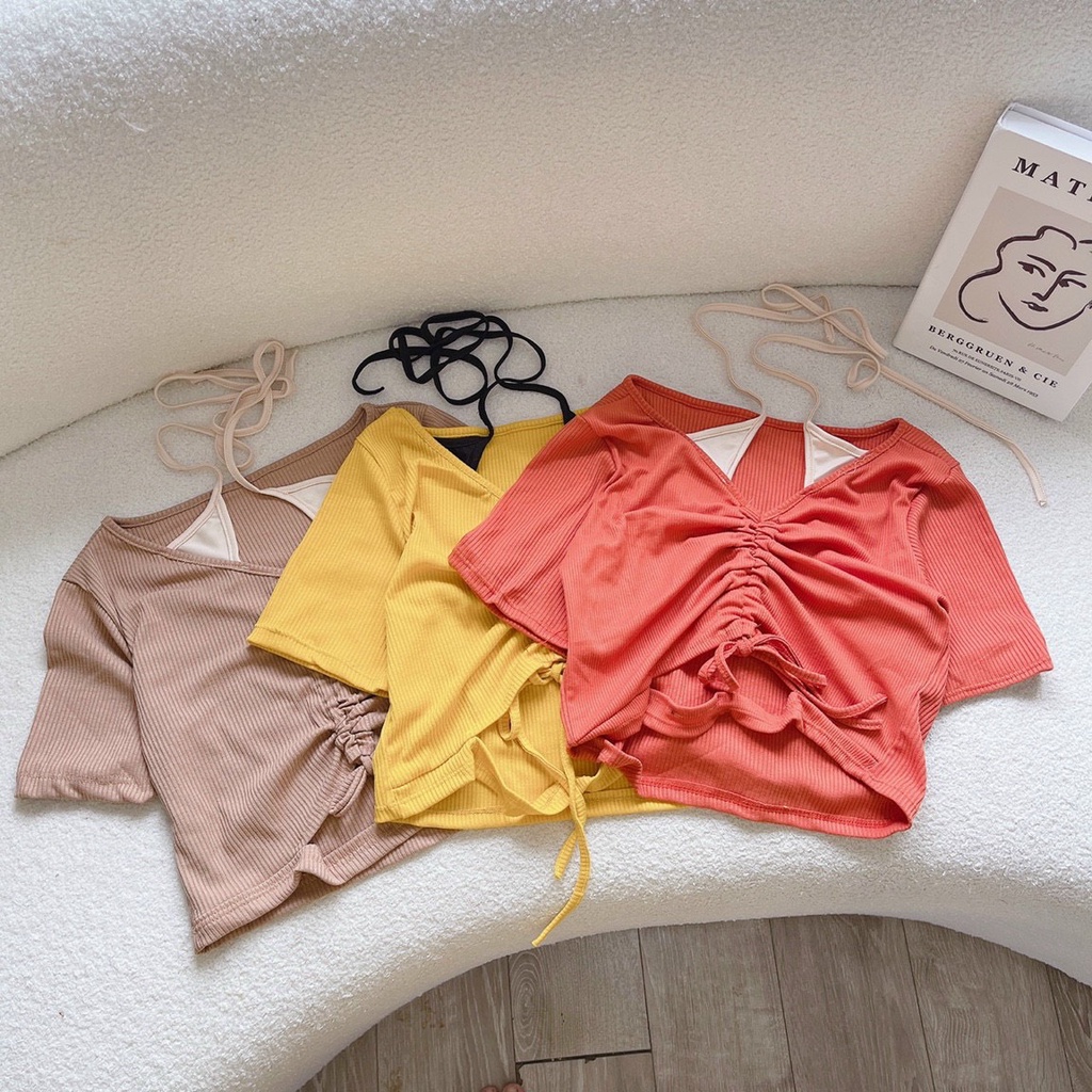 Áo croptop cổ yếm tay ngắn rút dây ngực phong cách Hàn Quốc
