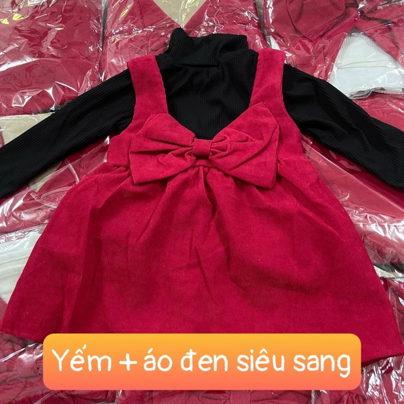 Yếm váy công chúa nhung đỏ kèm áo len tăm cho bé gái từ 8 đến 20kg mặc Thu Đông Lễ Tết - Riokids YEM1