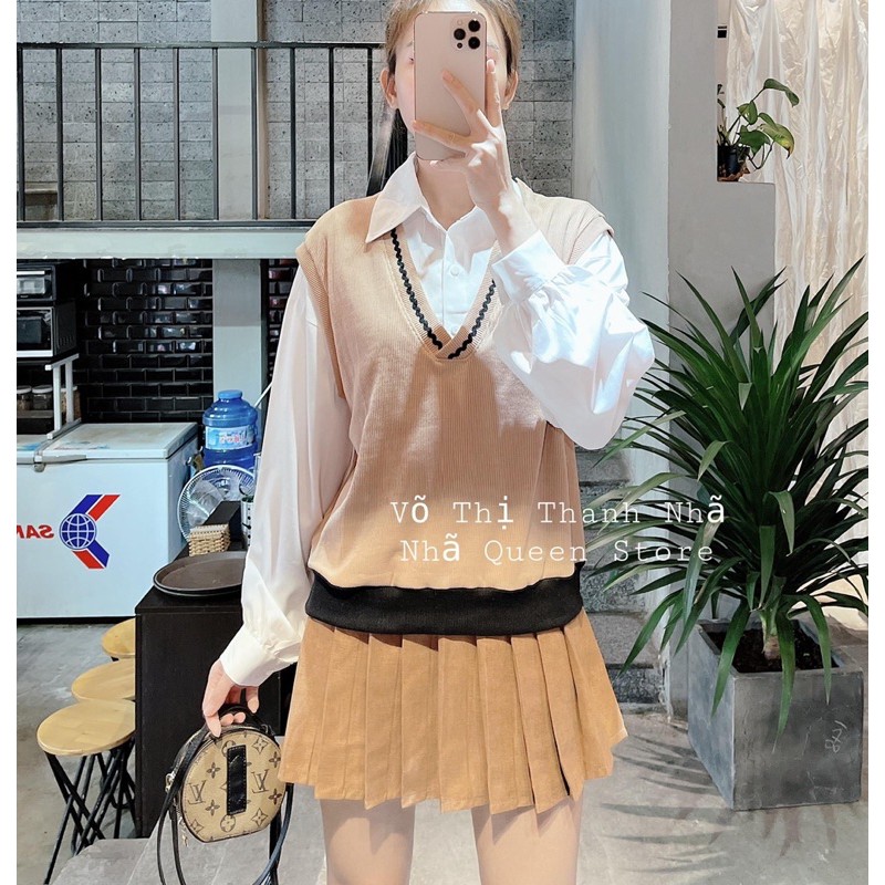 SET 3 MÓN ĐẦM SMI TRẮNG PHỐI CHÂN NÂU XẾP LI + ÁO GILE NÂU VIỀN