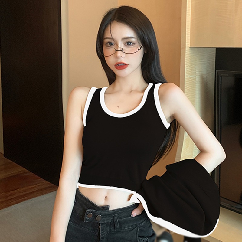 Áo dệt kim sát nách cổ tròn màu sắc tương phản phong cách Hàn Quốc