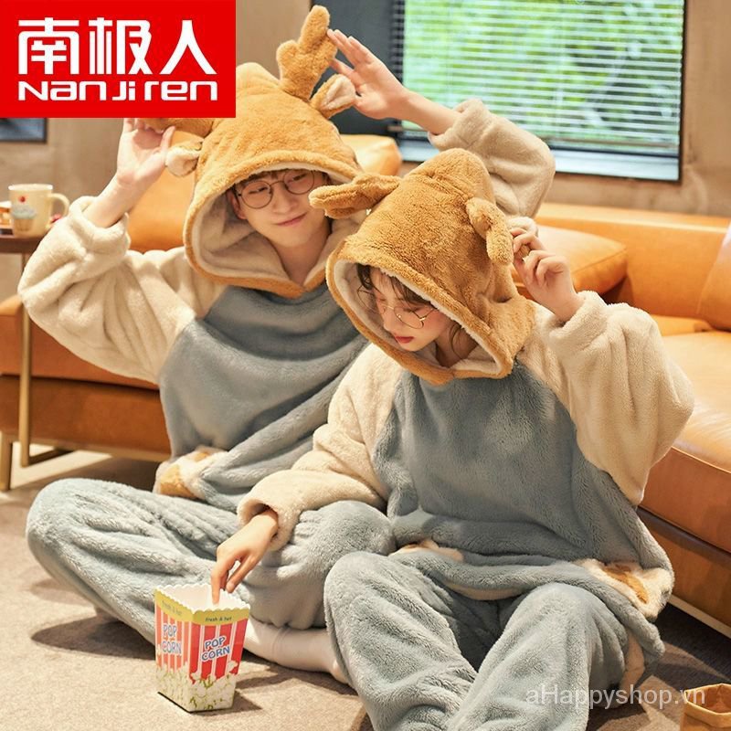 Bộ đồ ngủ vải nhung san hô lông cừu dày giữ ấm thời trang thu đông cho nam và nữ