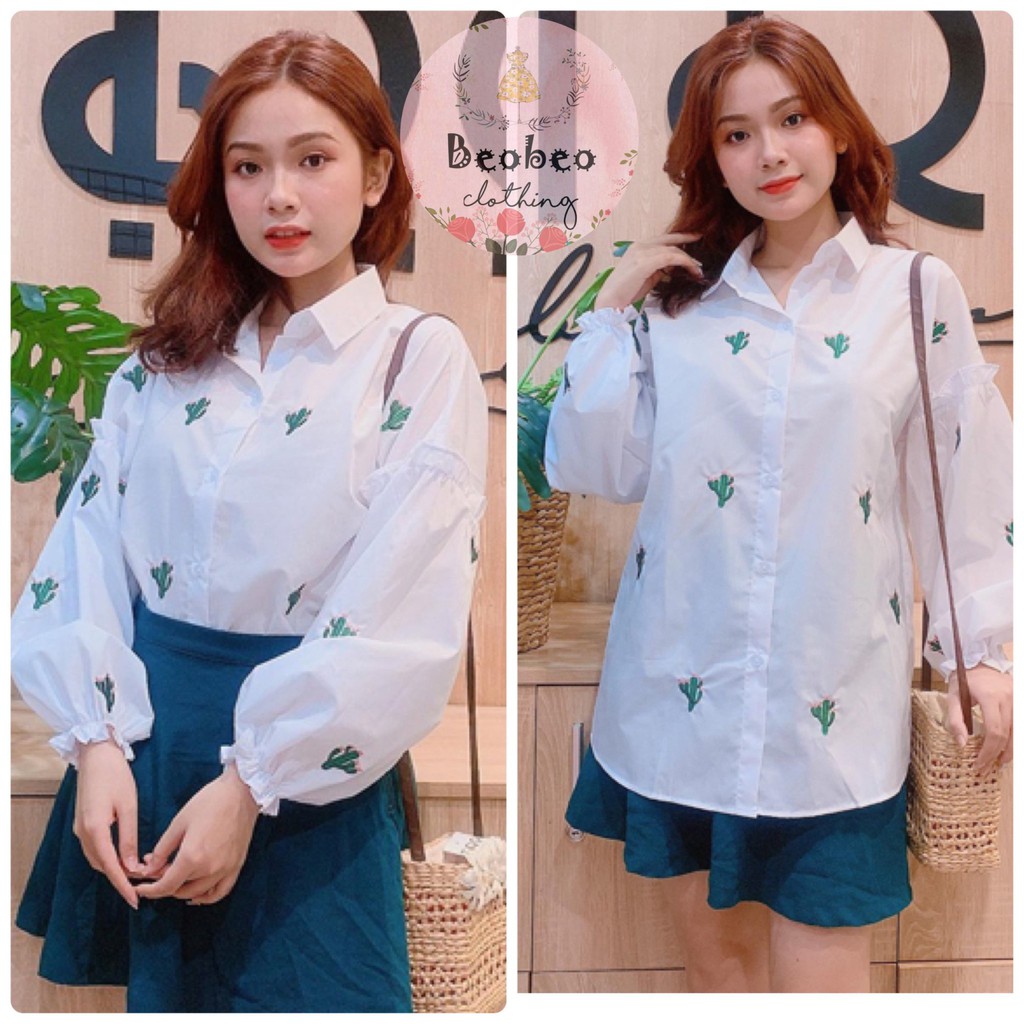 [Ảnh thật] Áo sơ mi thêu hình xương rồng tay bo ulzzang