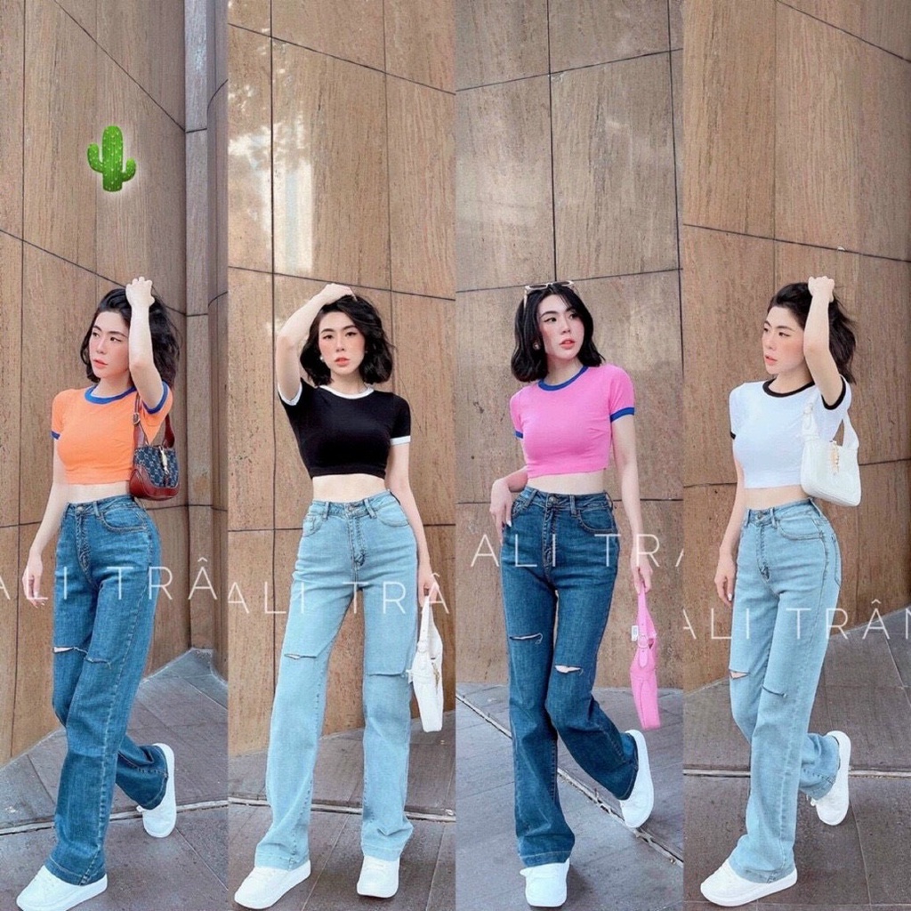 Áo croptop borip phối viền màu ở tay ở cổ sành điệu TTPK0099