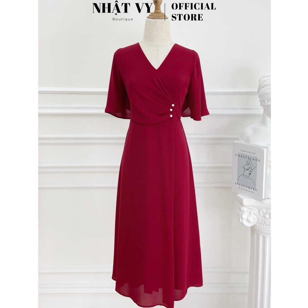 Váy Đi Tiệc NHẬT VY Bigsize Tay Loa Cổ V Nhún Ngực Đính Hạt Chất Voan Màu Đỏ, Đen - D2400