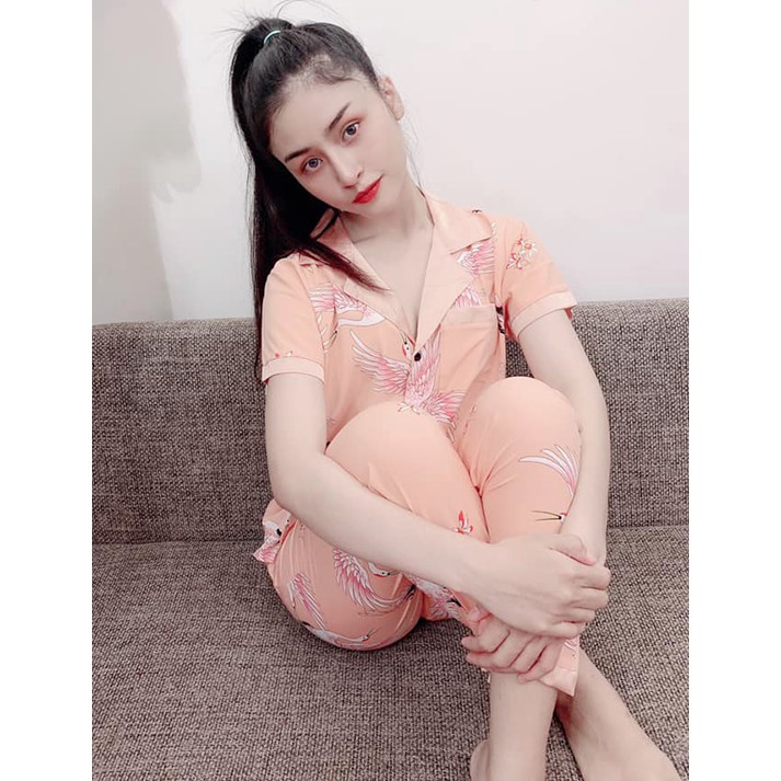 Pijama Lụa Cát Phối Màu Cộc Tay Quần Dài Freesize