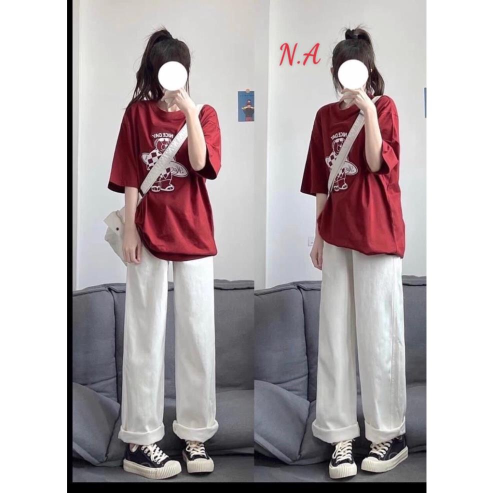 Set áo thun gấu NICE xinh xắn mix quần ống rộng FREESIZE phong cách ULZZANG