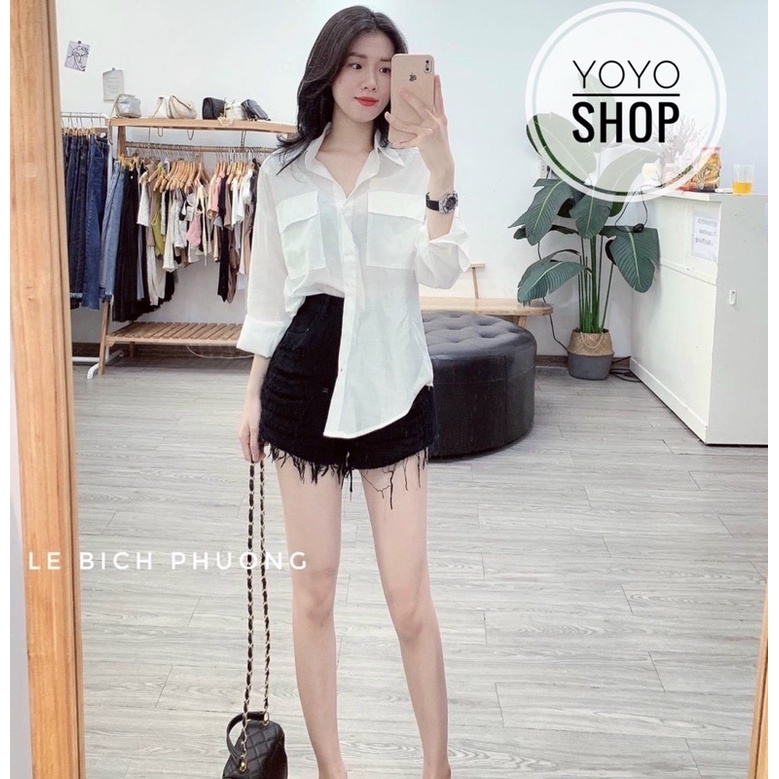 Áo sơ mi trắng trơn sơ mi đũi thụng phom rộng trơn 2 túi dài tay, sơ mi trắng nữ xinh xắn YoYo