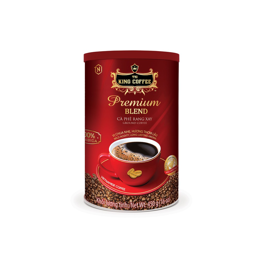 Cà Phê Arabica Rang Xay Premium Blend KING COFFEE nguyên chất 100% - Lon 450g Vị Chua Nhẹ và Hương Thơm Lâu - Pha Phin