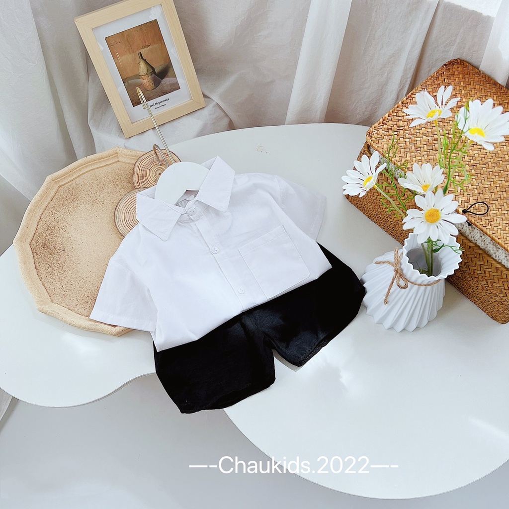 Set sơ mi bé trai hàn quốc sơ mi form rộng kết hợp quần kaki siêu hot cho mùa hè 2022 DOBO046