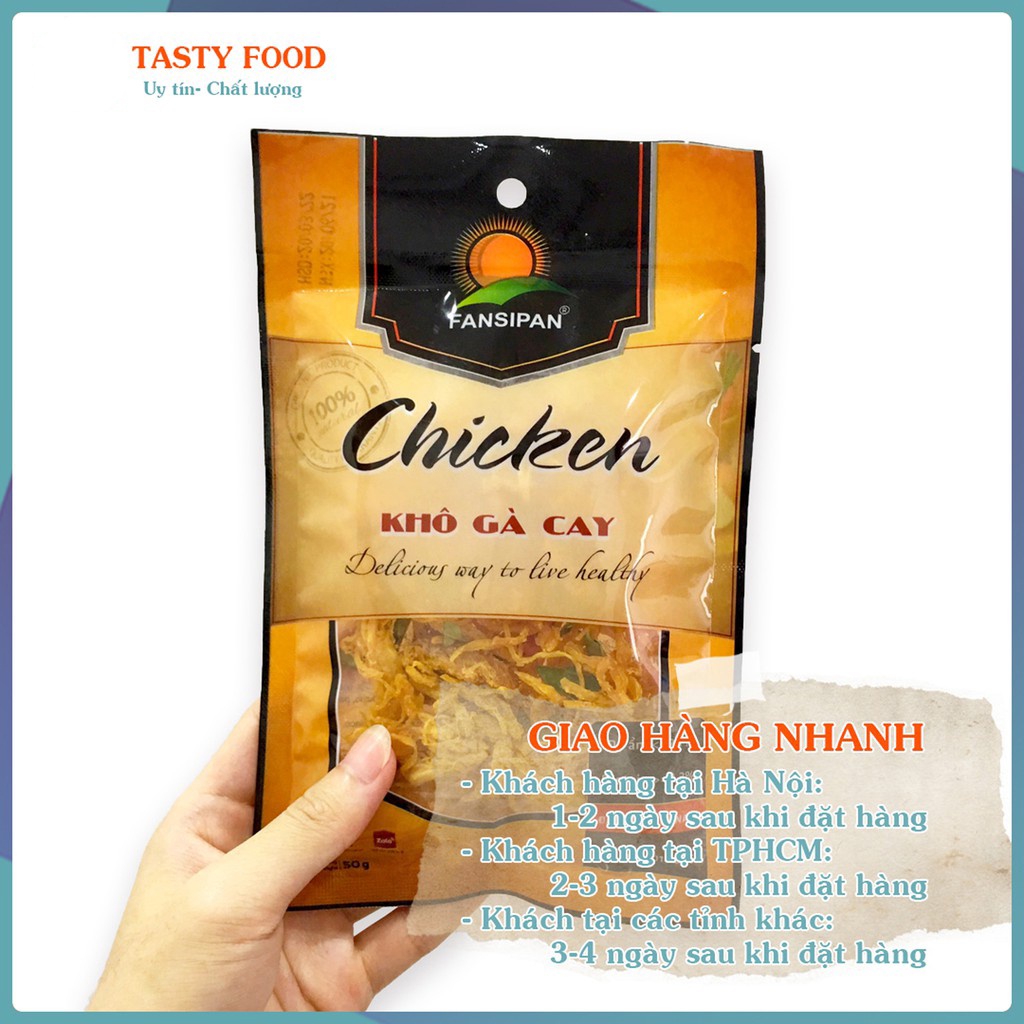 KHÔ GÀ LÁ CHANH Fansipan gói 50g cay ngon, gà xé lá chanh loại 1 cao cấp, khô gà xé cay tỏi ớt Tasty Food