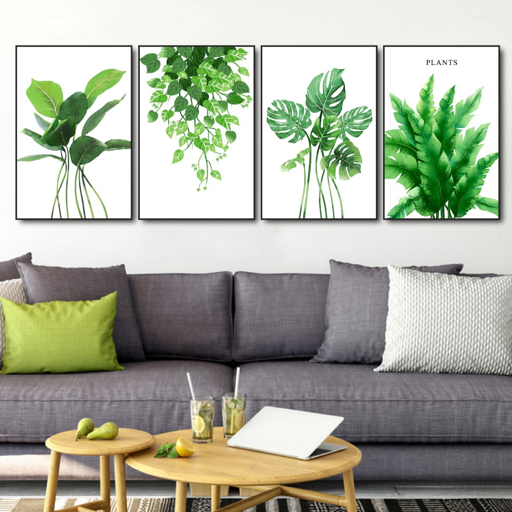 [HCM] Tranh treo tường canvas lá xanh tươi mát decor trang trí phòng khách &amp; phòng ngủ có khung cao cấp bộ 4 bức khổ lớn