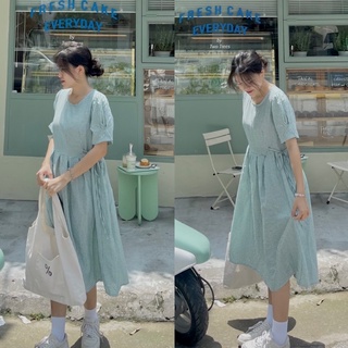 Váy babydoll kẻ sọc caro xanh xếp ly dáng dài cúc lưng dây buộc eo vintage phong cách Hàn Quốc