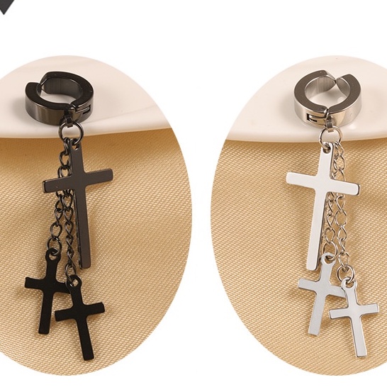 Khuyên tai kẹp 3 THÁNH GIÁ độc đáo màu đen không cần bấm lỗ dành cho nam và nữ