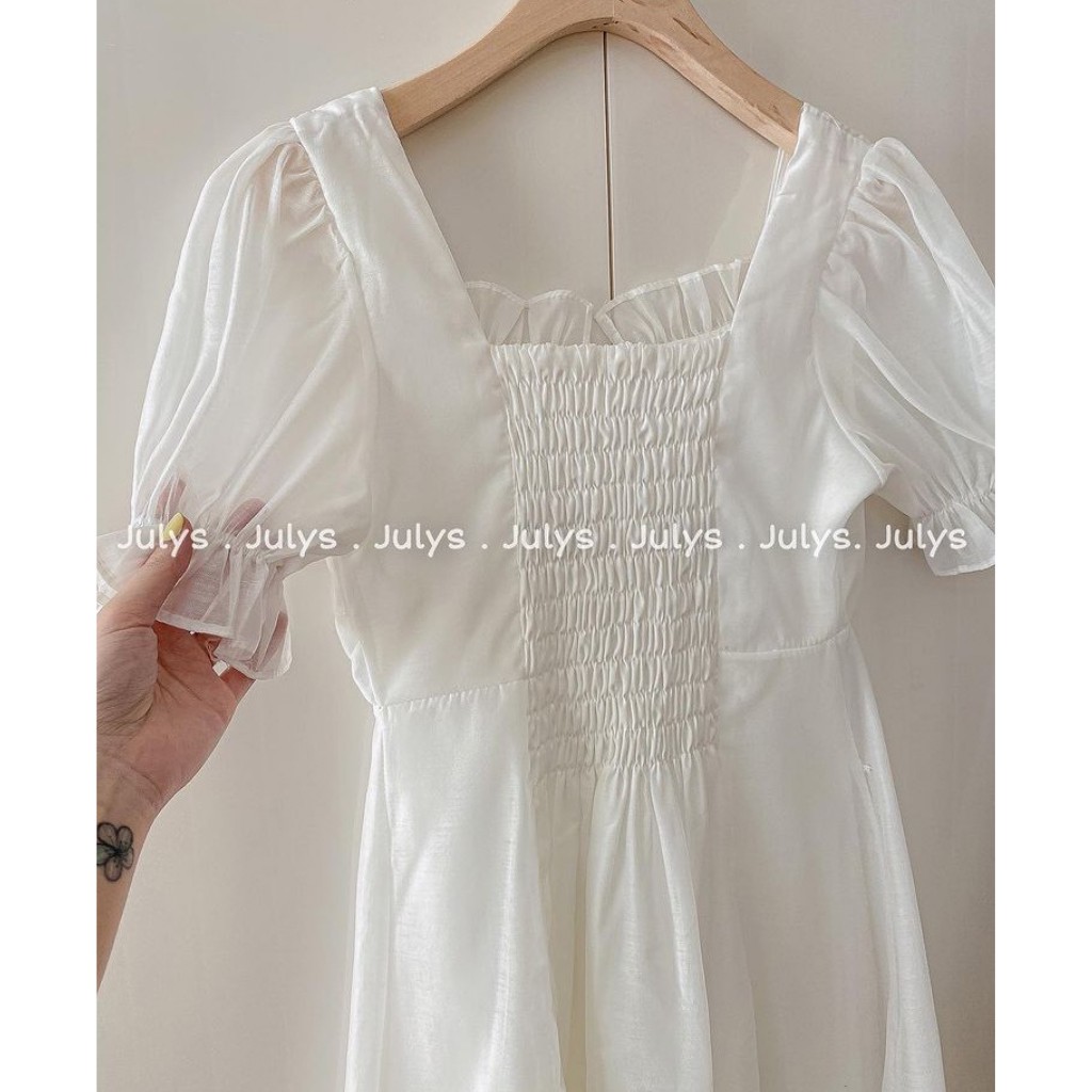 Váy trắng kỷ yếu dáng xòe / Đầm trắng cổ vuông cúc dọc chất Voan  Hàn cực xinh cho nữ