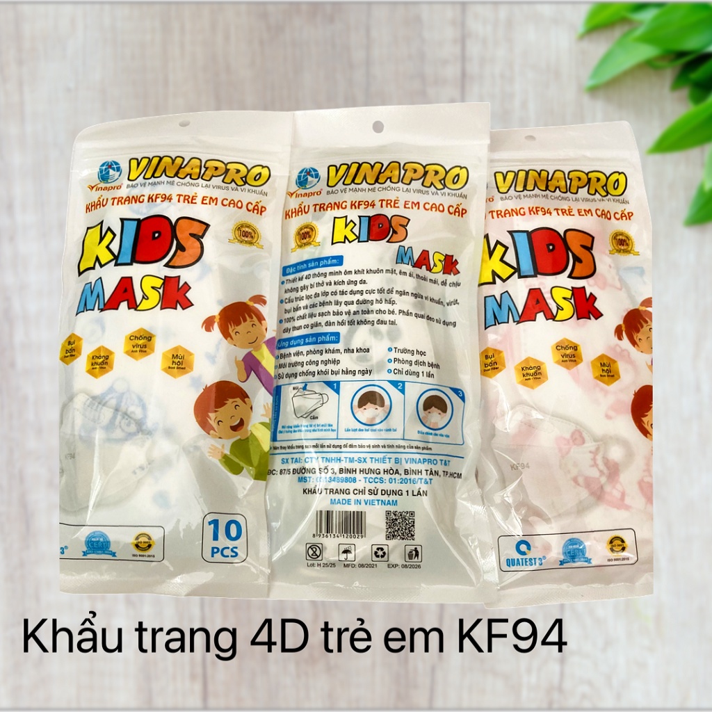 Khẩu trang 4D KF94 tiêu chuẩn Hàn quốc chất liệu PP gồm 3 lớp vải và 1 lớp giấy kháng khuẩn