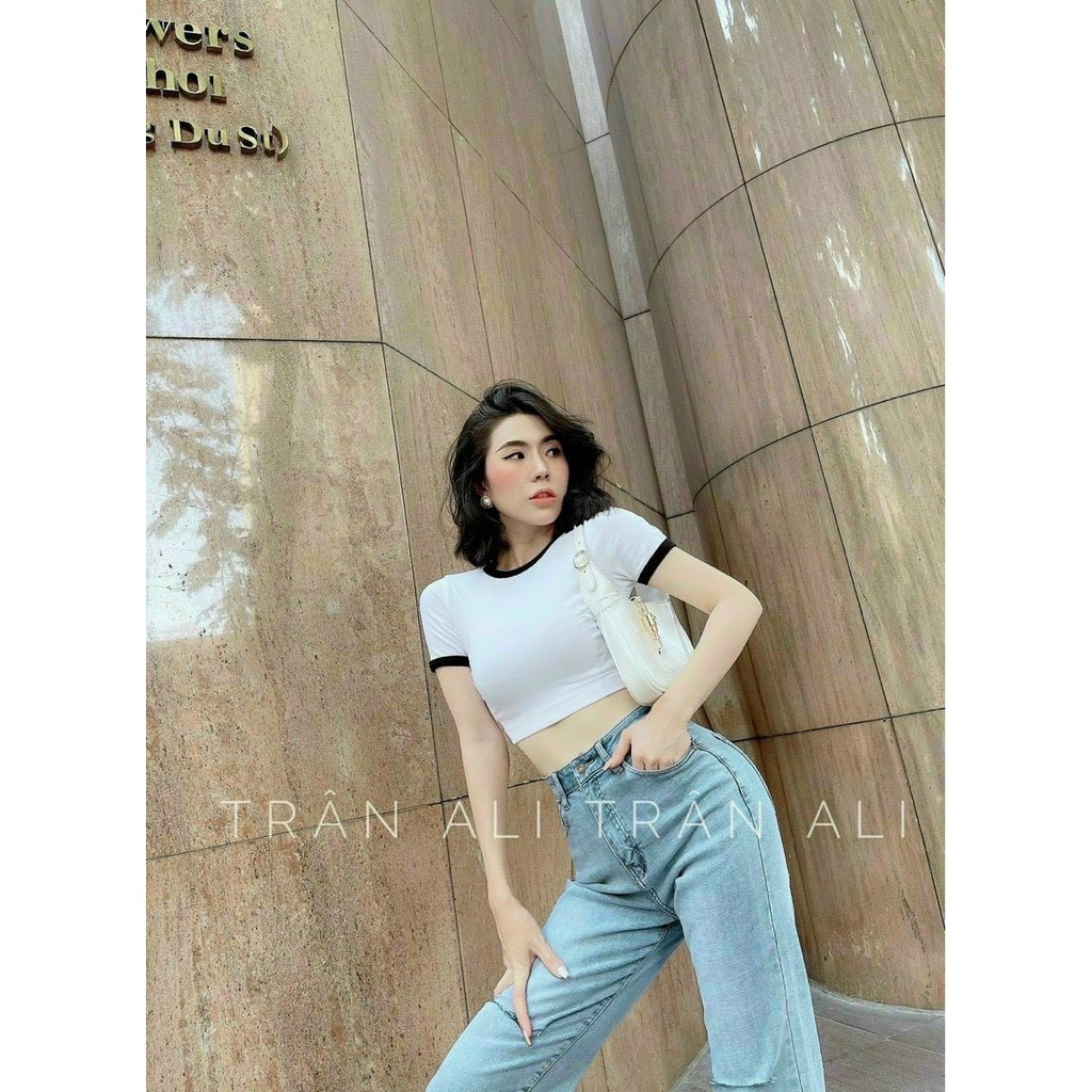 Áo kiểu croptop cổ tròn trơn viền tay cổ màu xinh , chất thun bozip mềm mịn mát