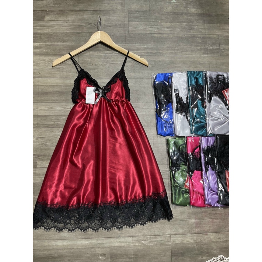 Đầm ngủ nữ hai dây chất liệu Phi bóng phối ren siêu mềm phong cách gợi cảm sexy giá tận xưởng