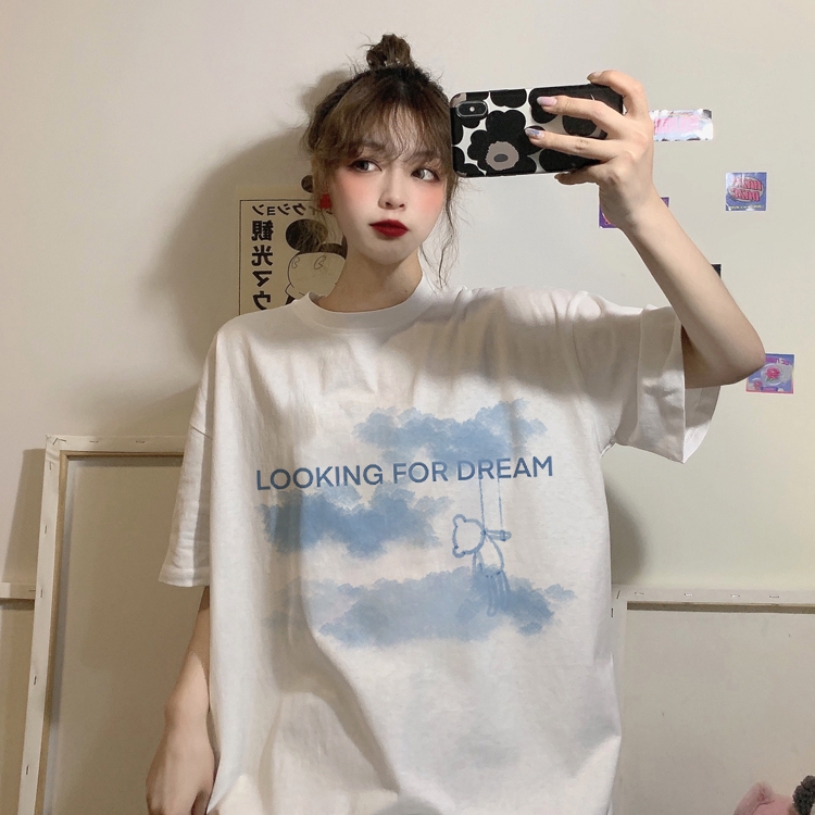 Áo thun IELGY tay ngắn dáng dài in họa tiết phong cách Hàn Quốc thời trang thoải mái cho nữ