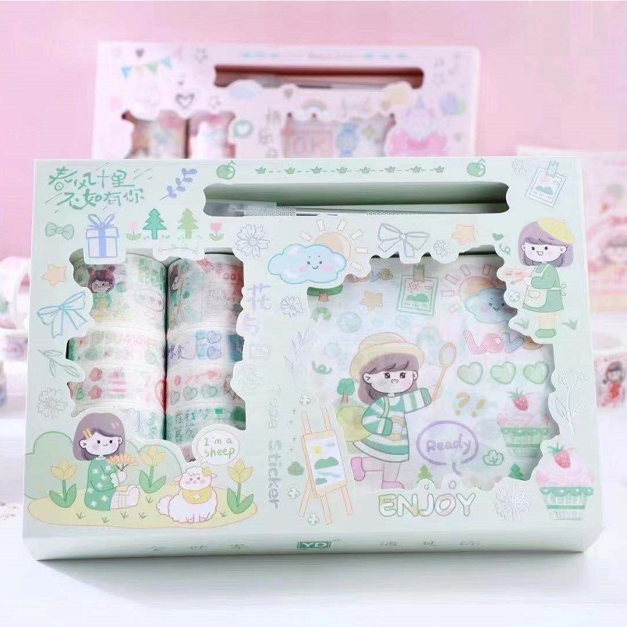 Hộp 23 món băng dính washi tape + sticker nhiều hình cute dễ thương dùng trang trí album sổ lưu niệm CREAMY WST166