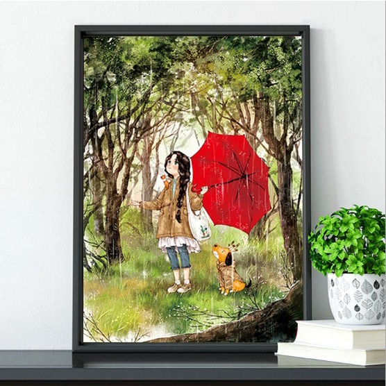 Tranh Thêu Chữ Thập Chỉ Lụa Thêu Kín Chưa Thêu Cô Bé Hái Trái Cây, Bé Chó, Cô Chủ Nhỏ