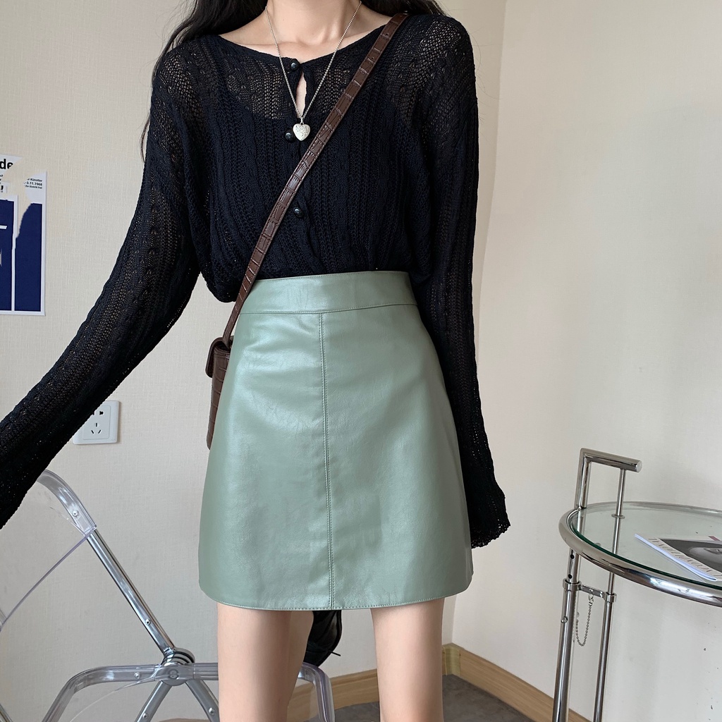 IELGY   Chân Váy Chữ A Lưng Cao Bằng Da Pu Thời Trang Mùa Thu Hàn Quốc Dễ Phối Đồ Cho Nữ