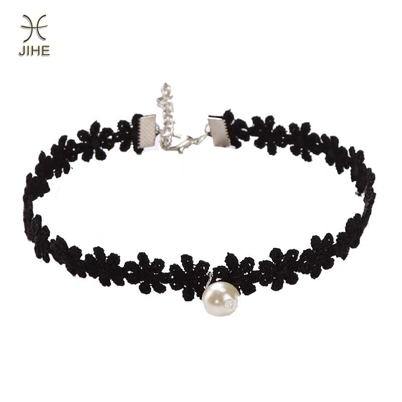 【JIHE】Vòng Cổ choker Phối Ren Đính Ngọc Trai Đen Phong Cách Nhật Hàn Thời Trang