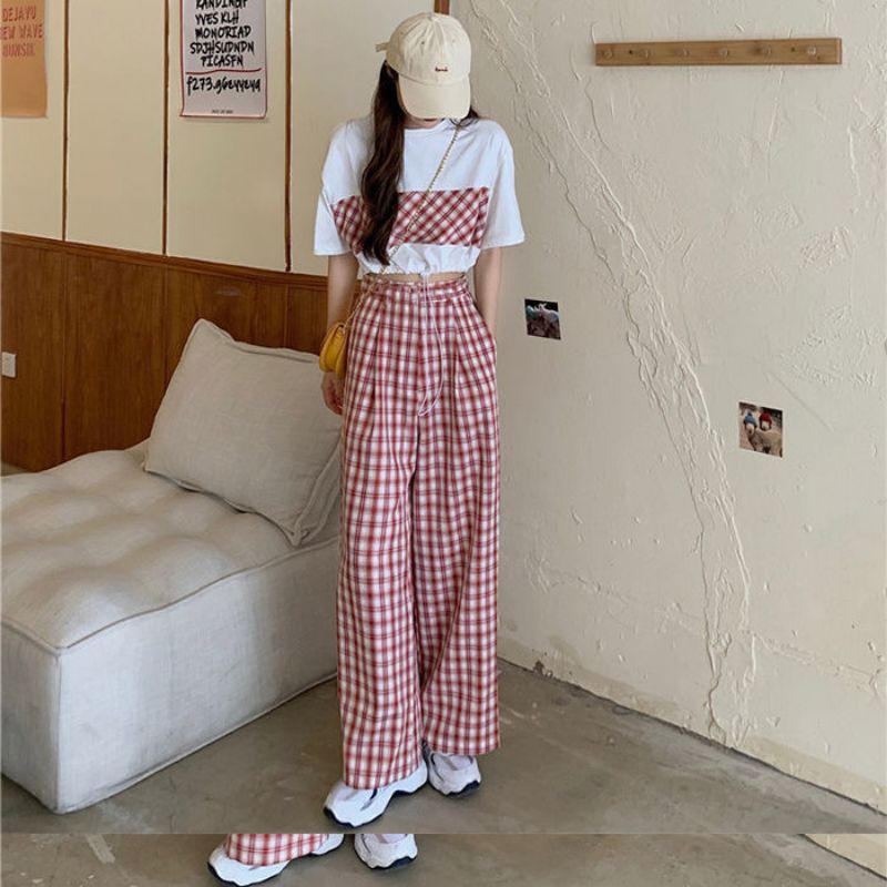 LILYBEE-SET ÁO THUN RÚT EO VÀ QUẦN CARO ĐỒNG MÀU