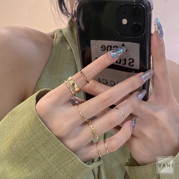 Set 7 Nhẫn Bản Dày Phối Xích Phong Cách Rock Chic - Vani Store [TS000472]