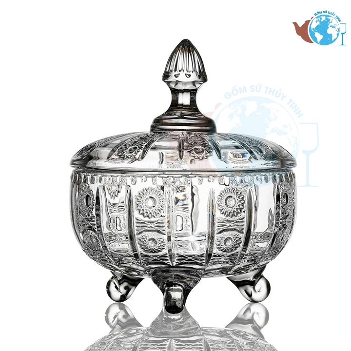 TẾT-Combo 2 thố mứt thủy tinh pha lê 3 chân cao cấp DSTG15-1804