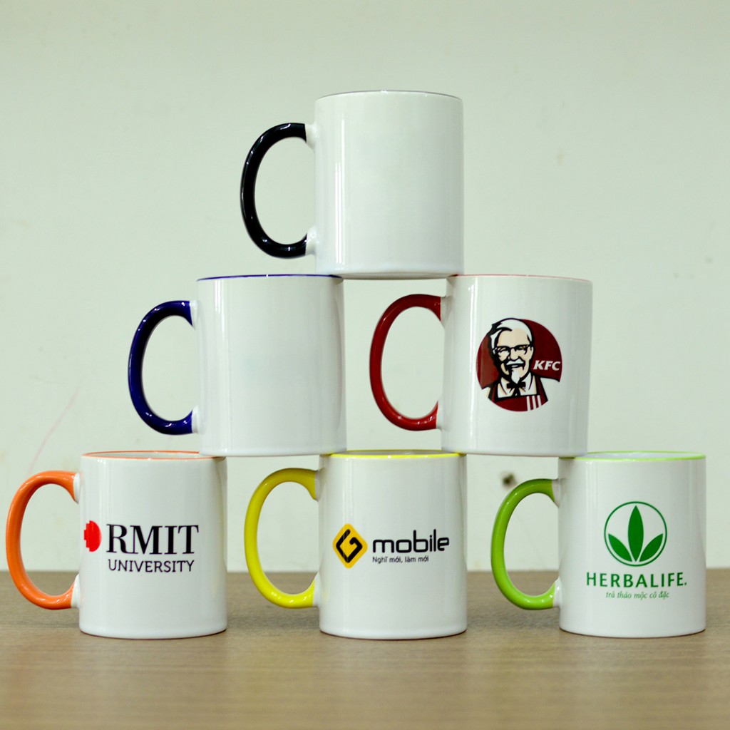 Ly sứ, cốc sứ hình trụ có quai màu - in chuyển nhiệt