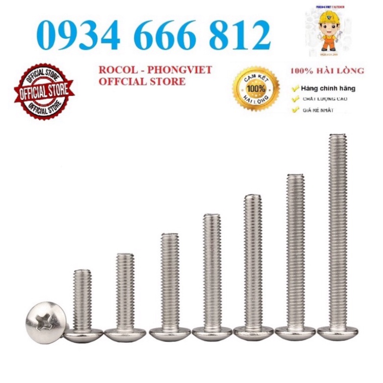 Set 50c vít pake đầu dù thân bulong INOX 304 M4, M4X8, M4X10, M4X12,M4x16, M4x20,M4x25,M4x30