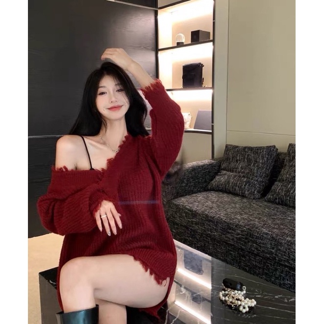 Áo len nữ cổ chữ V màu đỏ cực xinh phong cách ulzzang Hàn Quốc