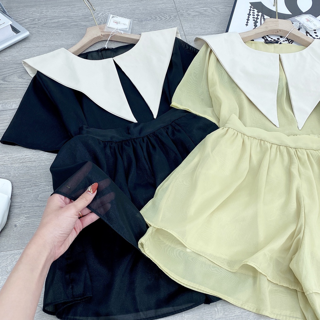Set áo cổ piter mix quần short tơ xòe BN159